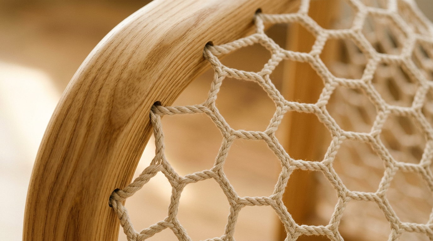 Close-up of White Ash wood grain and hand-woven cotton hex net