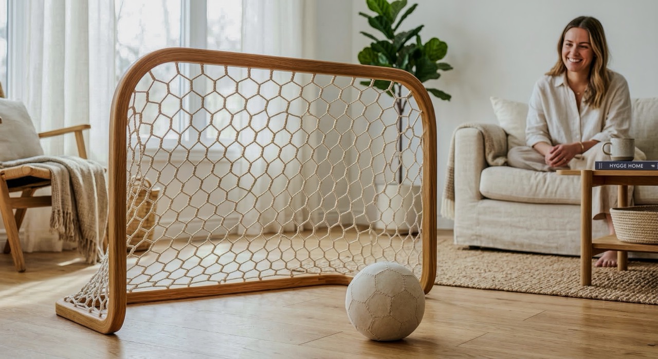 Child kicking a canvas ball into a White Ash arch goal in a modern living room